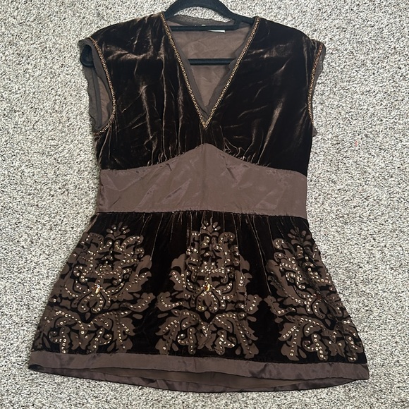 MARELLA brown velvet embellish  Regencycore burnout  baby doll top size 8 Fariy - Picture 3 of 11
